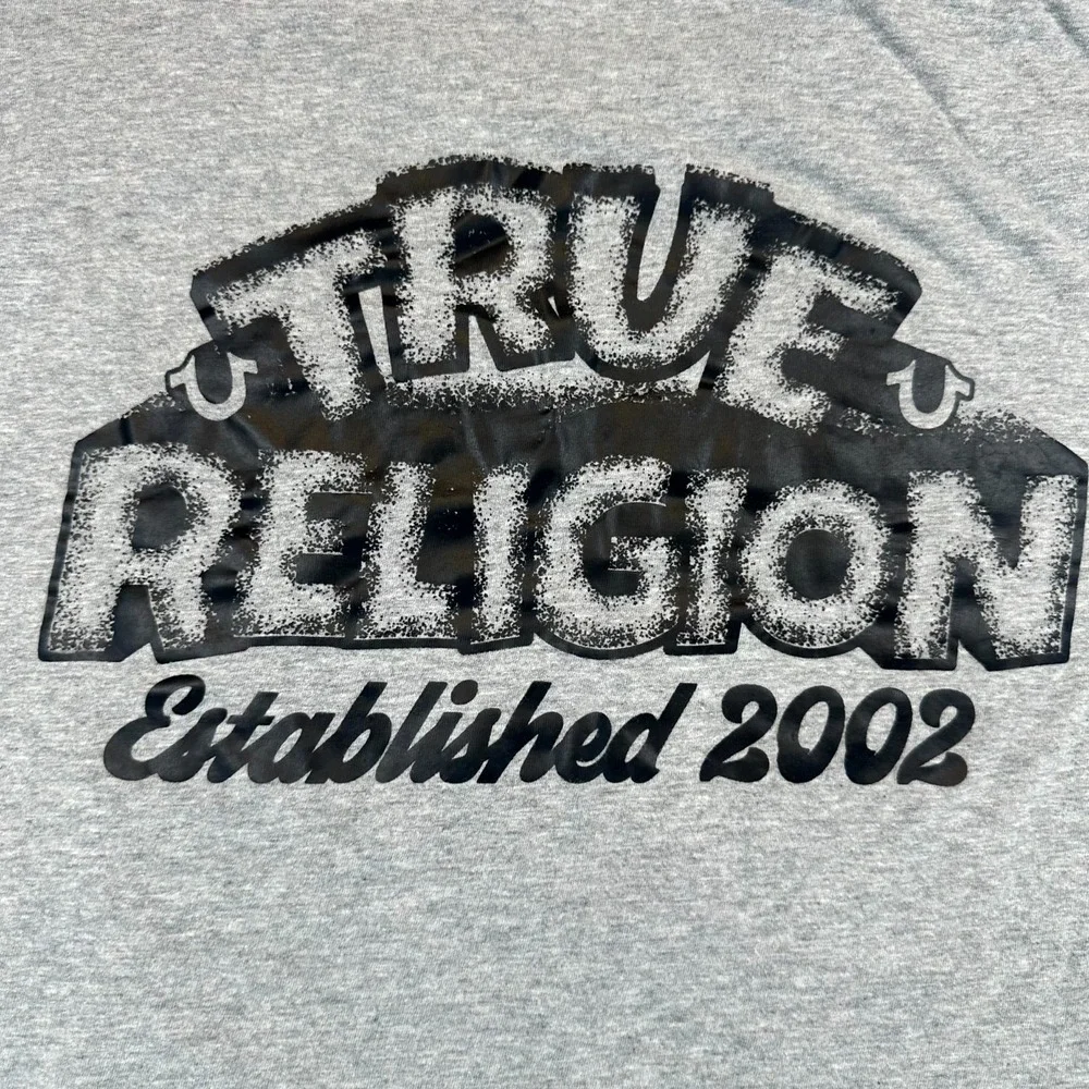 True Religion T Shirt Mens Medium Heathered Gray Graphic Print Logo Short Sleeve